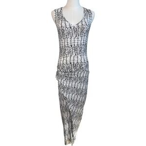 Liquorish Womens Black White Crackle Print Ruched V-Neck Midi Dress Size 8 UK